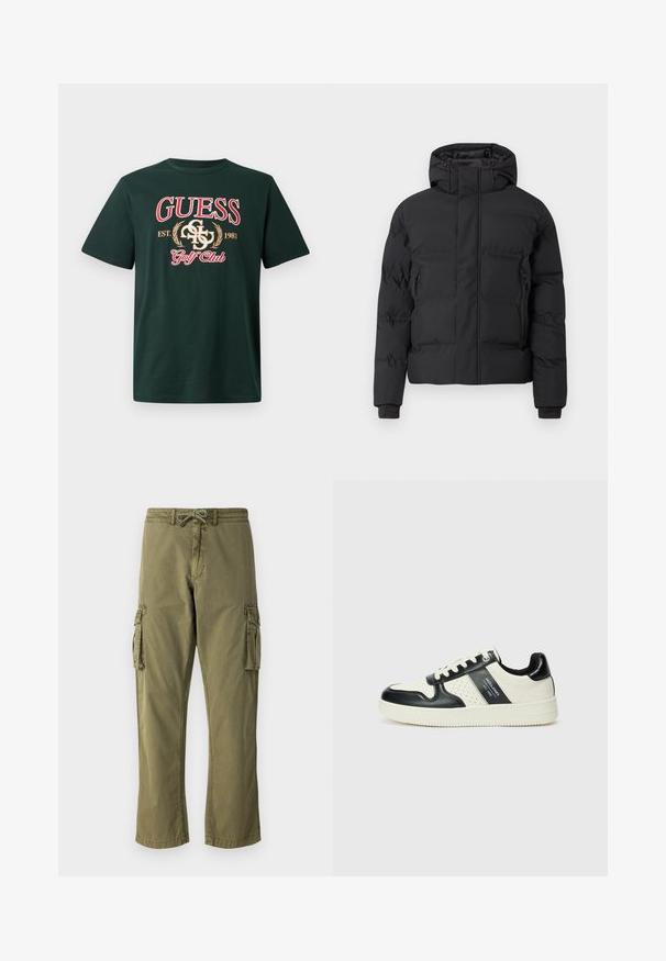 Black padded jacket with a hood, featuring a front zipper and side zippered pockets. Made from a smooth, water-resistant material.; Green cotton t-shirt featuring "GUESS" in bold red lettering, embroidered logo elements, and "Golf Club" text. Short sleeves and crew neck.; Cargo pants in olive green cotton blend, featuring an elastic waistband with a drawstring, side cargo pockets, and straight leg design.; Leather sneakers with a black and cream color scheme, featuring perforated accents, a padded collar, and a textured outsole.