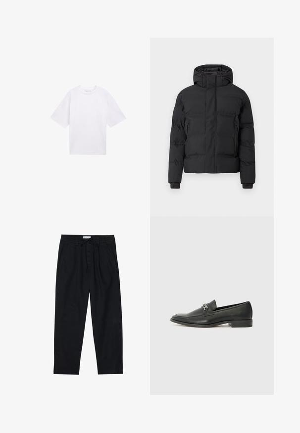 Musta toppatakki hupulla, jossa etuvetoketju ja sivutaskut vetoketjuilla. Valmistettu sileästä, vettä hylkivästä materiaalista.; Valkoinen lyhythihainen T-paita, joka on valmistettu puuvillasta. Rentomallinen, jossa on pyöreä kaula-aukko. Sileä pinta ilman näkyviä kuvioita tai yksityiskohtia.; Pier One Chinot - black; Musta nahkakengät, joissa on sileä pinta, koristeelliset ompeleet ja metalliketjun yksityiskohta kengän päällä. Littee korko.
