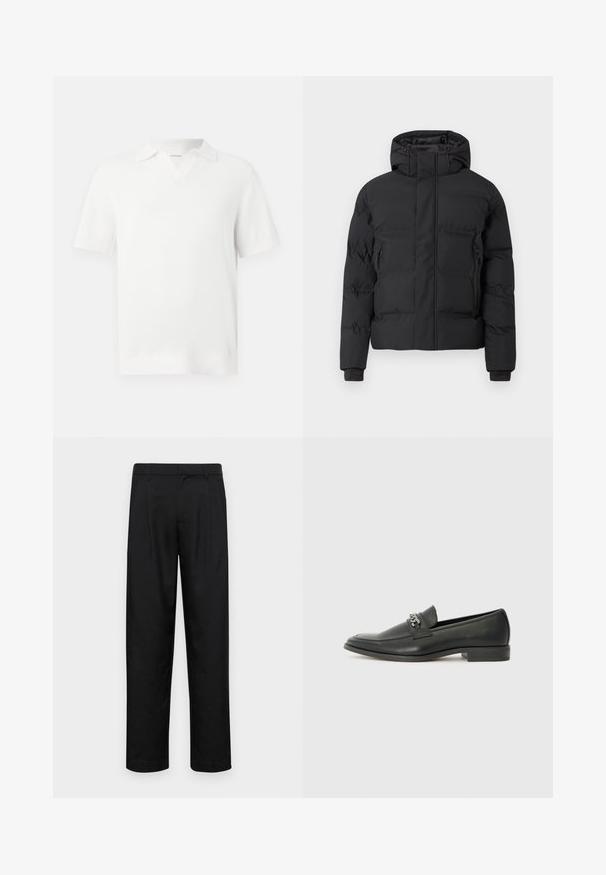 Sort polstret jakke med hætte, der har en frontlynlås og sidelommer med lynlås. Fremstillet af et glat, vandafvisende materiale.; Hvid kortærmet polo skjorte med et tekstureret strikket design, der har en V-udskæring og ribbede manchetter for en tætsiddende finish.; Sorte bukser lavet af glat stof, med et lige ben-design, to frontfolder og en standard talje med bæltestropper.; Sorte læder loafers med en glat finish, der har et syet design og et dekorativt metal kædeaccent hen over vamps. Flad hæl.