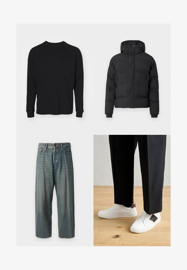 Fekete bélelt kabát kapucnival, elöl cipzárral és oldalsó cipzáras zsebekkel. Sima, vízlepergető anyagból készült.; GAP WAFFLE CREW - Hosszú ujjú felső - black; Világoskék farmernadrág, laza fazonnal, közepes derékbőséggel és egyenes szárral. Öt zsebet, övbucskát és gombos záródást tartalmaz.; Fehér sneaker, sima textúrával, barna bőr díszítéssel és fekete részletekkel, fekete szabott nadrággal párosítva. Fából készült padló háttér.