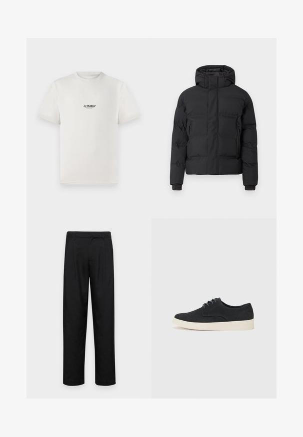Casaco acolchoado preto com capuz, com fecho de correr frontal e bolsos laterais com fecho de correr. Feito de um material liso e resistente à água.; T-shirt de algodão branca com mangas curtas, apresentando um logótipo preto "JJ Studios" no peito. Design de gola redonda e ajuste padrão.; Calças pretas feitas de tecido suave, com um design de perna reta, dois pregas frontais e uma cintura padrão com passantes para cinto.; Sapatilha preta em camurça com atacadores, bico arredondado, sola leve creme e discretos detalhes em azul nas laterais.