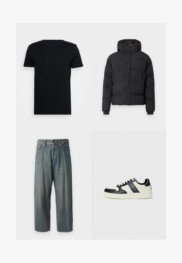 Casaco acolchoado preto com capuz, com fecho de correr frontal e bolsos laterais com fecho de correr. Feito de um material liso e resistente à água.; T-shirt preta de mangas curtas com decote redondo, feita de um tecido liso, apresentando um corte simples e sem padrões ou designs visíveis.; Jeans de ganga azul claro com um corte solto, cintura média e pernas retas. Apresenta cinco bolsos, passadores de cinto e fecho com botão.; Ténis de couro com um esquema de cores em preto e creme, apresentando detalhes perfurados, um colarinho acolchoado e uma sola texturizada.