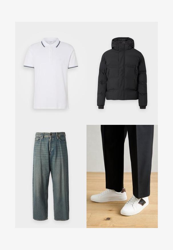 Černá prošívaná bunda s kapucí, vybavená předním zipem a bočními kapsami na zip. Vyrobena z hladkého, voděodolného materiálu.; Bílá polo košile z bavlny s límečkem, s třídílným zapínáním na knoflíky a námořnickými modrými a bílými pruhy na rukávech.; Světle modré denimové džíny s volným střihem, středně vysokým pasem a rovnými nohavicemi. Obsahují pět kapes, poutka na opasek a zapínání na knoflík.; Bílé tenisky s hladkým povrchem, s hnědými koženými akcenty a černými detaily, kombinované s černými kalhotami na míru. Pozadí tvoří dřevěná podlaha.