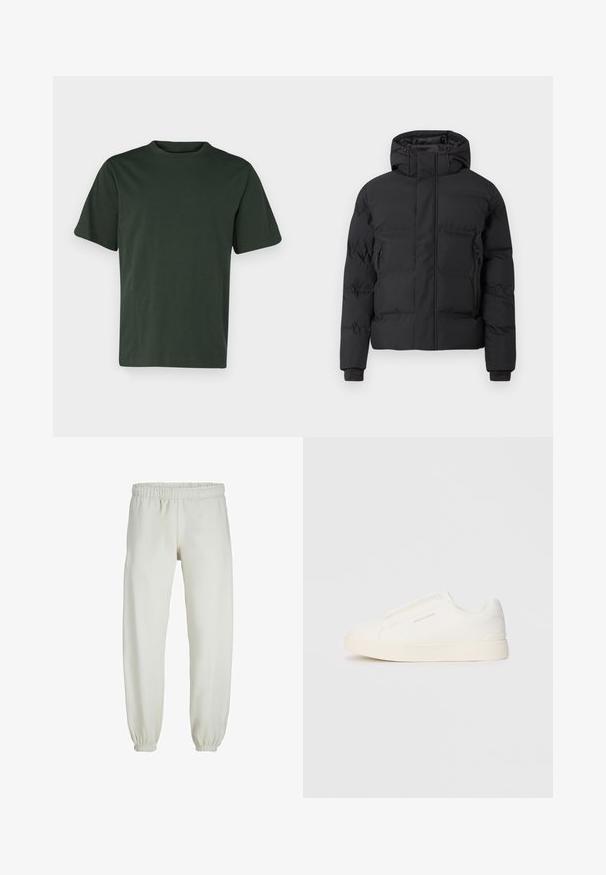 Black padded jacket with a hood, featuring a front zipper and side zippered pockets. Made from a smooth, water-resistant material.; Abercrombie & Fitch CLASSIC - Basic T-shirt - deep forest; White sweatpants made from soft fabric, featuring an elastic waistband and cuffs, with a smooth texture and loose-fitting design.; White slip-on sneakers with a textured surface, a thick sole, and minimalistic design. Features brand logo on the side.