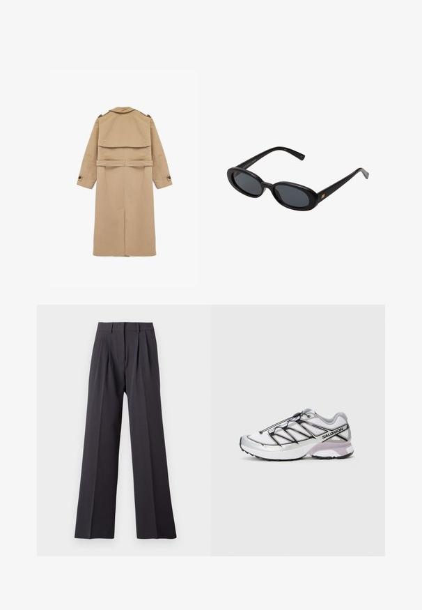 Manteau trench beige en tissu lisse, présentant un design à double boutonnage, un rabat à l'arrière, et une taille ceinturée avec des accents de boutons sur les manches.; Gilet court gris clair avec des manches longues, un col rond et cinq boutons sur le devant, sur un fond blanc.; Débardeur blanc en coton avec une texture côtelée, sans manches et à col rond. Il présente une étiquette au niveau du cou indiquant "WEEKDAY."; Pantalon large en tissu gris foncé. Comprend des plis à la taille, une ceinture ajustée et une texture lisse. Pas de motifs visibles ni de matériel.; Chaussure de course avec une tige en maille blanche légère, des accents argentés et un système de laçage noir ; elle dispose d'une semelle texturée pour une meilleure traction.; Lunettes de soleil noires surdimensionnées avec des verres ovoïdes, monture en plastique lisse et accents dorés sur les tempes. Les verres sombres offrent une protection contre le soleil.; Écharpe en laine grise avec une texture douce, de forme rectangulaire et des extrémités à franges, idéale pour la chaleur et les superpositions par temps plus froid.; Sac bandoulière en daim marron foncé avec une sangle ajustable, une quincaillerie dorée et un grand rabat frontal.