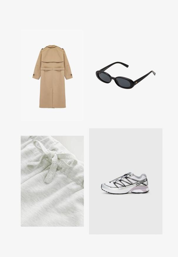 Beige trenchcoat lavet af glat stof, med dobbeltbrystet design, rygklap og bælte i taljen med knapdetaljer på ærmerne.; Lys grå cropped cardigan med lange ærmer, rund halsudskæring og fem frontknapper på en hvid baggrund.; Simpel hvid langærmet skjorte, rund hals, vist fra ryggen, lagt fladt på en hvid baggrund.; Lys grå stof med en blød tekstur, der har en butterfly-detalje lavet af et matchende struktureret bånd i taljen.; Løbesko med en let, hvid mesh-overdel, sølv accenter og sort snøresystem; har en tekstureret sål for greb.; Store store; Grå uldhalstørklæde med en blød tekstur, rektangulær form og frynser i enderne, velegnet til varme og lag-på-lag i koldere vejr.; Mørkebrun skuldertaske i ruskind med justerbar rem, guldtonede beslag og en stor frontklaplukning.