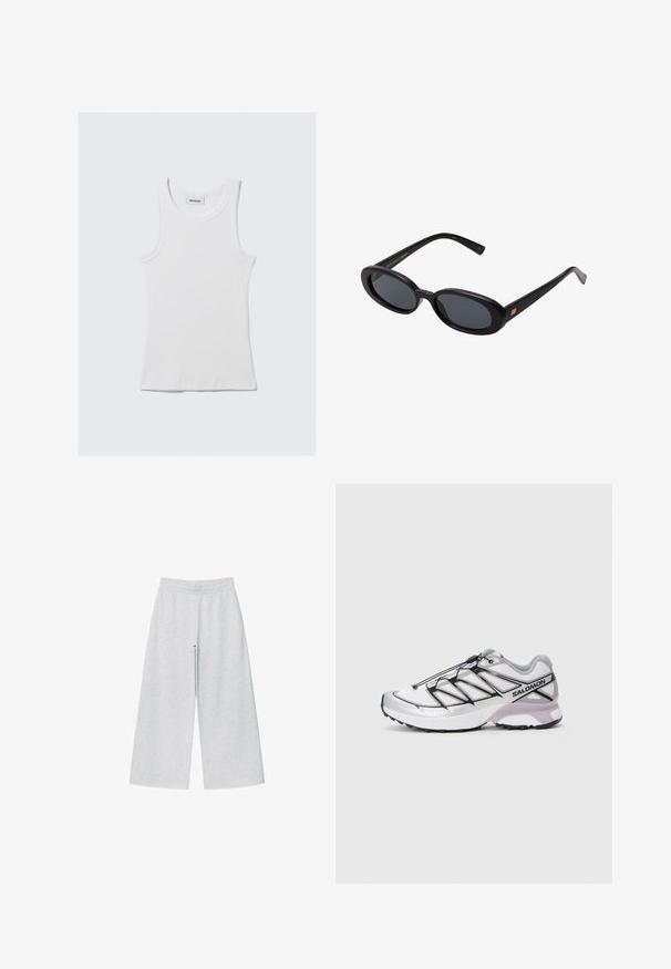 Manteau trench beige en tissu lisse, présentant un design à double boutonnage, un rabat à l'arrière, et une taille ceinturée avec des accents de boutons sur les manches.; Gilet court gris clair avec des manches longues, un col rond et cinq boutons sur le devant, sur un fond blanc.; Débardeur blanc en coton avec une texture côtelée, sans manches et à col rond. Il présente une étiquette au niveau du cou indiquant "WEEKDAY."; Pantalons larges gris clair en tissu doux avec une taille élastique. Le design présente une coupe ample pour un confort et une liberté de mouvement.; Chaussure de course avec une tige en maille blanche légère, des accents argentés et un système de laçage noir ; elle dispose d'une semelle texturée pour une meilleure traction.; Lunettes de soleil noires surdimensionnées avec des verres ovoïdes, monture en plastique lisse et accents dorés sur les tempes. Les verres sombres offrent une protection contre le soleil.; Écharpe en laine grise avec une texture douce, de forme rectangulaire et des extrémités à franges, idéale pour la chaleur et les superpositions par temps plus froid.; Sac bandoulière en daim marron foncé avec une sangle ajustable, une quincaillerie dorée et un grand rabat frontal.