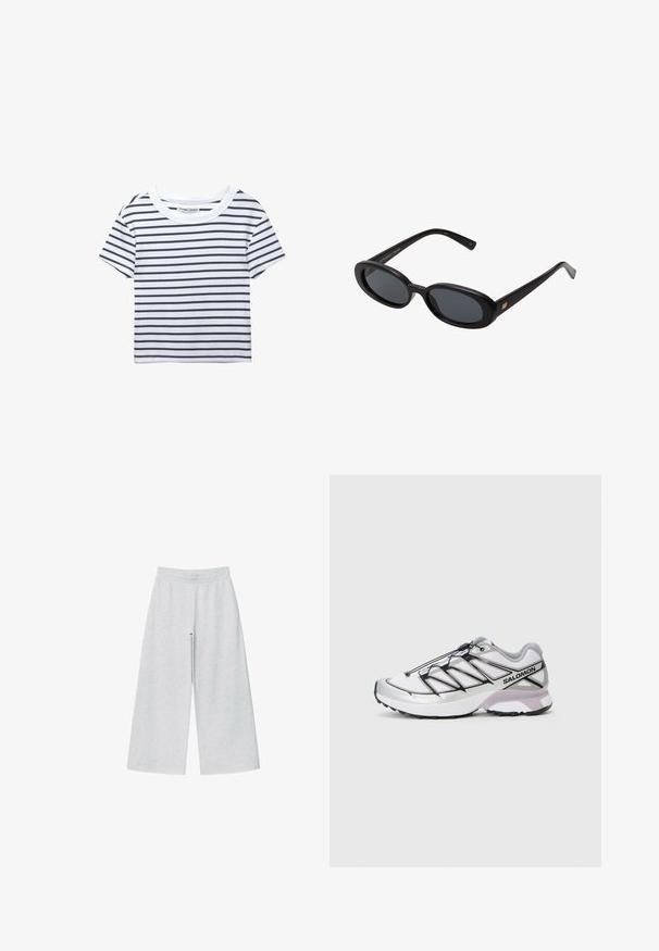 Beige trenchcoat lavet af glat stof, med dobbeltbrystet design, rygklap og bælte i taljen med knapdetaljer på ærmerne.; Lys grå cropped cardigan med lange ærmer, rund halsudskæring og fem frontknapper på en hvid baggrund.; Hvid kortærmet t-shirt med marineblå vandrette striber, med rund halsudskæring og en blød, ribbet tekstur.; Lys grå vidtgående bukser lavet af blødt stof med elastisk talje. Designet har en løs pasform for komfort og bevægelsesfrihed.; Løbesko med en let, hvid mesh-overdel, sølv accenter og sort snøresystem; har en tekstureret sål for greb.; Store store; Grå uldhalstørklæde med en blød tekstur, rektangulær form og frynser i enderne, velegnet til varme og lag-på-lag i koldere vejr.