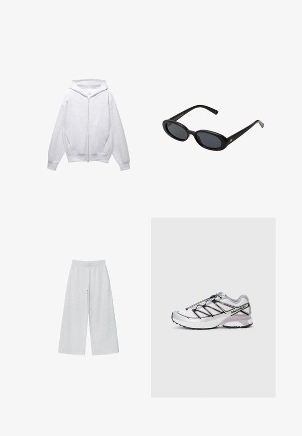 Beige trenchcoat lavet af glat stof, med dobbeltbrystet design, rygklap og bælte i taljen med knapdetaljer på ærmerne.; Lys grå zip-up hoodie med snoretræk i huen, løstsiddende pasform, store sidelommer og rib-strikkede manchetter og kant, fremstillet af blødt stof.; Simpel hvid langærmet skjorte, rund hals, vist fra ryggen, lagt fladt på en hvid baggrund.; Lys grå vidtgående bukser lavet af blødt stof med elastisk talje. Designet har en løs pasform for komfort og bevægelsesfrihed.; Løbesko med en let, hvid mesh-overdel, sølv accenter og sort snøresystem; har en tekstureret sål for greb.; Store store; Grå uldhalstørklæde med en blød tekstur, rektangulær form og frynser i enderne, velegnet til varme og lag-på-lag i koldere vejr.; Mørkebrun skuldertaske i ruskind med justerbar rem, guldtonede beslag og en stor frontklaplukning.