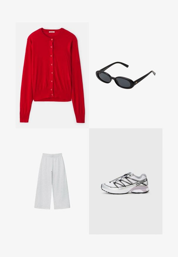 Beige trenssitakki, joka on valmistettu sileästä kankaasta. Siinä on kaksirivinen malli, takana liepeet ja vyö vyötäröllä, sekä napituskoristeet hihoissa.; Punainen neuletakki, jossa on pitkät hihat, pyöreä kaula-aukko ja kahdeksan vastaavaa nappia. Pehmeä kangas, jossa on joustavat hihansuut ja helma. Kevyt malli.; Valkoinen puuvillainen hihaton toppi, jossa on uritettu pinta, hihattomat mallit ja pyöreä kaula-aukko. Kaula-aukon kohdalla on etiketti, jossa lukee "WEEKDAY."; Harmaita leveälahkeisia housuja, jotka on valmistettu pehmeästä kankaasta ja joissa on joustava vyötärönauha. Suunnittelussa on väljä malli, joka tarjoaa mukavuutta ja liikkumisen helppoutta.; Juoksukengät, joissa on kevyt, valkoinen verkkomateriaali, hopeiset yksityiskohdat ja musta nauhoitusjärjestelmä; sisältää rakenteellisen pohjan pitoa varten.; Mustat ylisuuruiset aurinkolasit, jotka ovat soikeat linssit, sileä muovikehys ja kultaiset korostukset temppeleissä. Tummat linssit tarjoavat suojaa auringolta.; Harmaasta villahuivista, jossa on pehmeä pinta, suorakulmainen muoto ja tupsut päässä, sopii lämpimäksi ja kerrostettavaksi kylmässä säässä.; Tummanruskea mokkanahkainen olkalaukku säädettävällä hihnalla, kulta-värisillä metalliosilla ja suurella etutaskun läpällä.