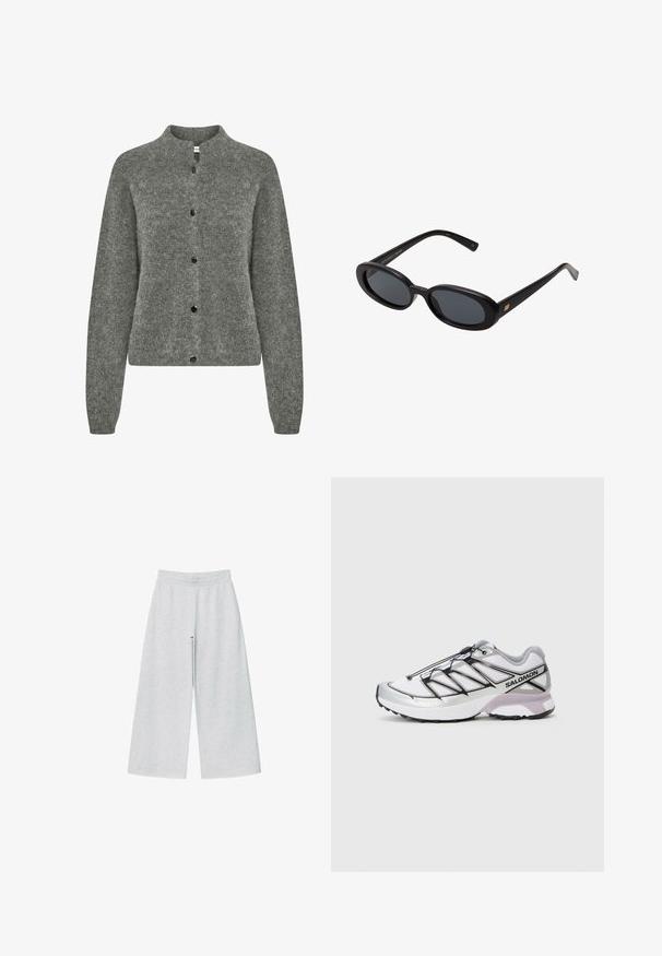 Beige trenssitakki, joka on valmistettu sileästä kankaasta. Siinä on kaksirivinen malli, takana liepeet ja vyö vyötäröllä, sekä napituskoristeet hihoissa.; Harmaa villatakki, joka on valmistettu teksturoidusta neulekankaasta. Siinä on pyöreä kaula-aukko, pitkät hihet ja mustat napit edessä.; Valkoinen puuvillainen hihaton toppi, jossa on uritettu pinta, hihattomat mallit ja pyöreä kaula-aukko. Kaula-aukon kohdalla on etiketti, jossa lukee "WEEKDAY."; Harmaita leveälahkeisia housuja, jotka on valmistettu pehmeästä kankaasta ja joissa on joustava vyötärönauha. Suunnittelussa on väljä malli, joka tarjoaa mukavuutta ja liikkumisen helppoutta.; Juoksukengät, joissa on kevyt, valkoinen verkkomateriaali, hopeiset yksityiskohdat ja musta nauhoitusjärjestelmä; sisältää rakenteellisen pohjan pitoa varten.; Mustat ylisuuruiset aurinkolasit, jotka ovat soikeat linssit, sileä muovikehys ja kultaiset korostukset temppeleissä. Tummat linssit tarjoavat suojaa auringolta.; Harmaasta villahuivista, jossa on pehmeä pinta, suorakulmainen muoto ja tupsut päässä, sopii lämpimäksi ja kerrostettavaksi kylmässä säässä.; Tummanruskea mokkanahkainen olkalaukku säädettävällä hihnalla, kulta-värisillä metalliosilla ja suurella etutaskun läpällä.