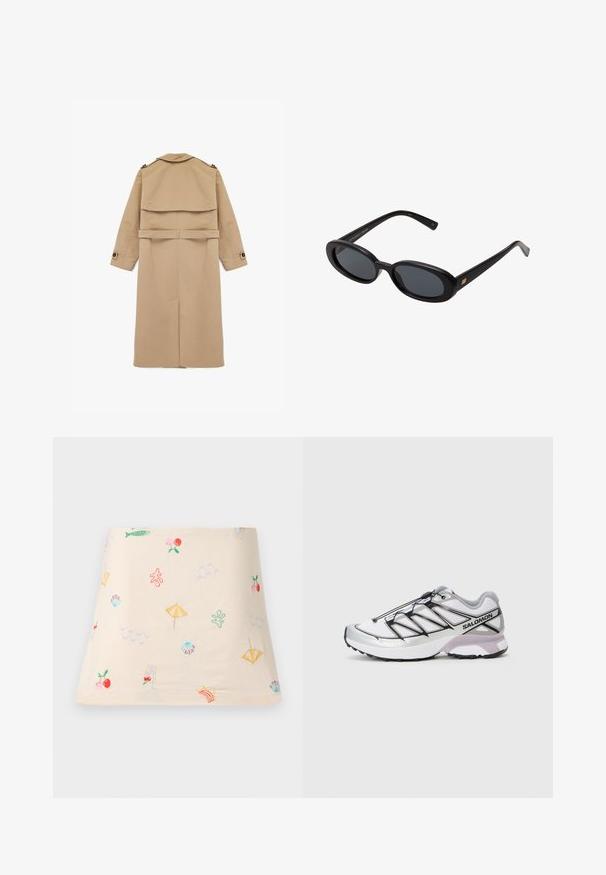 Trench coat beige de tejido suave, con un diseño de doble botonadura, solapa en la parte de atrás y cinturón en la cintura con detalles de botones en las mangas.; Top sin mangas de algodón blanco con textura acanalada, diseño sin mangas y escote redondo. Presenta una etiqueta en el cuello que dice "WEEKDAY".; Top de algodón bordado con un fondo crema, que presenta coloridos patrones con temática de playa como paraguas, olas, peces y cerezas.; Zapatilla de correr con una parte superior de malla blanca ligera, acentos plateados y sistema de cordones negro; cuenta con una suela texturizada para mayor tracción.; Gafas de sol grandes de color negro con lentes ovalados, montura de plástico suave y detalles dorados en las patillas. Los lentes oscuros ofrecen protección solar.; Bolso de ante marrón con solapa plegable, acentos en metal dorado y correa de cuero desmontable. Presenta pliegues laterales como detalle de diseño.