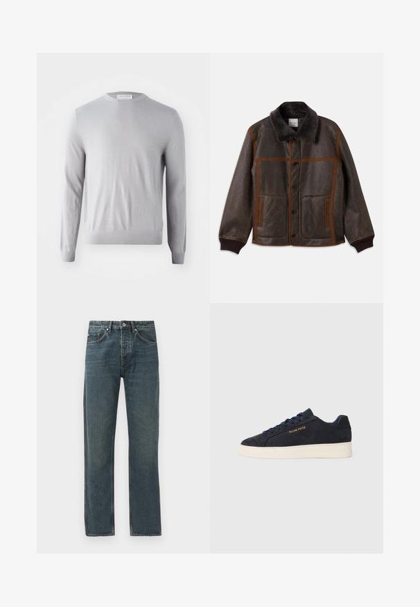 Braune Lederjacke mit weichem, dunklem Kragen, kontrastierenden braunen Nähten, Knopfverschluss und zwei Fronttaschen. Gerippte Bündchen und Saum.; Hellgrauer langärmliger Pullover mit Rundhalsausschnitt, aus weichem Stoff gefertigt, mit glatter Textur und gerippten Bündchen und Saum.; Dunkelblaue Denim-Jeans mit geradem Bein-Design, ausgestattet mit fünf Taschen, einem Knopfverschluss und kontrastierenden Steppdetails.; Marineblaue Wildleder Low-Top Sneaker mit weißer Sohle, marineblauen Schnürsenkeln und goldenem "Filling Pieces" Logo an der Seite.