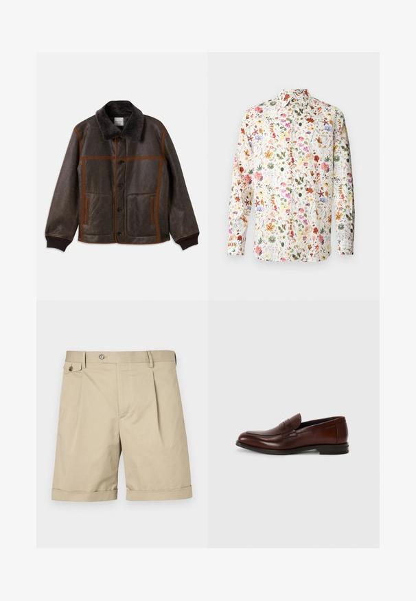 Pruun nahkjakk pehmea tumeda kraega, kontrasteerivate pruuni õmblustega, nupuga kinnitamine ja kaks esi-taskut. Ribitud varrukad ja allserv.; Pikkade varrukatega särk, millel on valge kangas värvikate lillemustriga, sealhulgas erinevad lilled ja liblikad, ning nööpidega krae.; Kreemjad lühikesed püksid puuvillase segu materjalist, esiplekkide, nööpibilaga ja pööratud äärega, mis annab lisadisaini nüansi.; Pruunist nahast loafers'd ümara varbaga, eesrinde rihma detailiga ja madala kühveldatud kanna ning siledalt tekstuurilt, minimaalse dekoratiivsete aktsentidega.