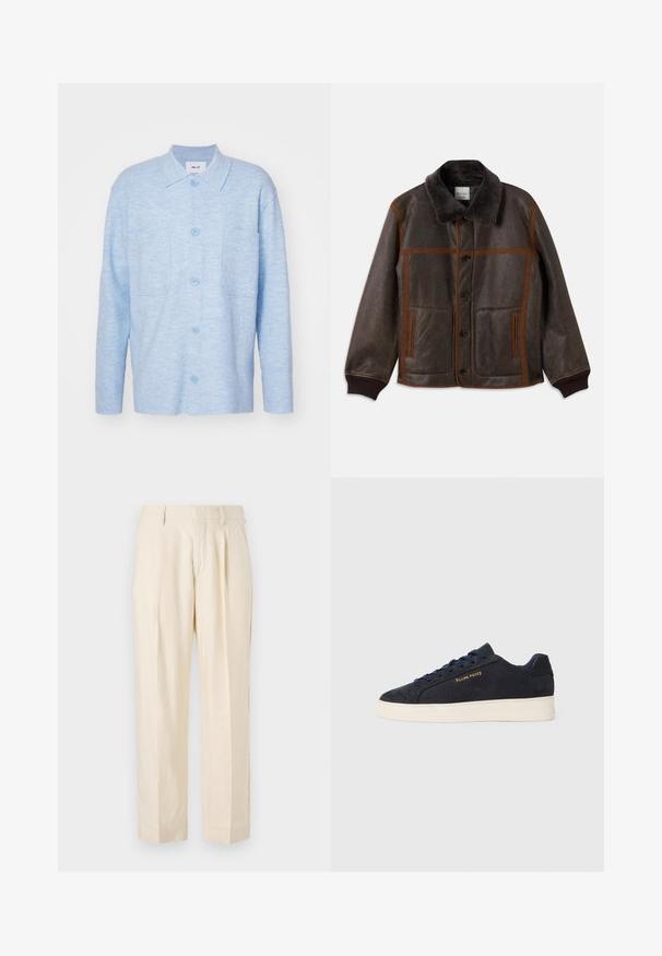 Bruine leren jas met een zachte donkere kraag, contrasterende bruine stiksel, knoopsluiting en twee voorknoopzakken. Geribde boorden en zoom.; Lichtblauw, langarm overhemd met knopen, gemaakt van zachte stof, met een kraag, twee voorzakken en bijpassende knopen.; NN.07 KAY - Broek - off white; Navyblauwe suède lage sneakers met een witte zool, navy veters en het 'Filling Pieces' logo in goud op de zijkant.