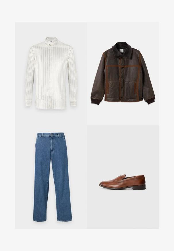 Hnedá kožená bunda s mäkkým tmavým golierom, kontrastným hnedým prešívaním, zapínaním na gombík a dvoma prednými vreckami. Rúčky a spodný lem sú s rebrovaním.; Biely košeľový tričko s úzkymi vertikálnymi pruhmi v béžovej farbe. Má špicatý golier, dlhé rukávy a gombíkové manžety. Hladká textúra.; Široké modré džíny z denimu s gombíkovým zapínaním, prednými vreckami a klasickým rovný tvarom s vyblednutým vzhľadom.; Hnedé kožené mokasíny s okrúhlou špičkou, minimálnym prešívaním a nízkym blokovým podpätkom. Obsahujú dekoratívny remienok naprieč hornou časťou.