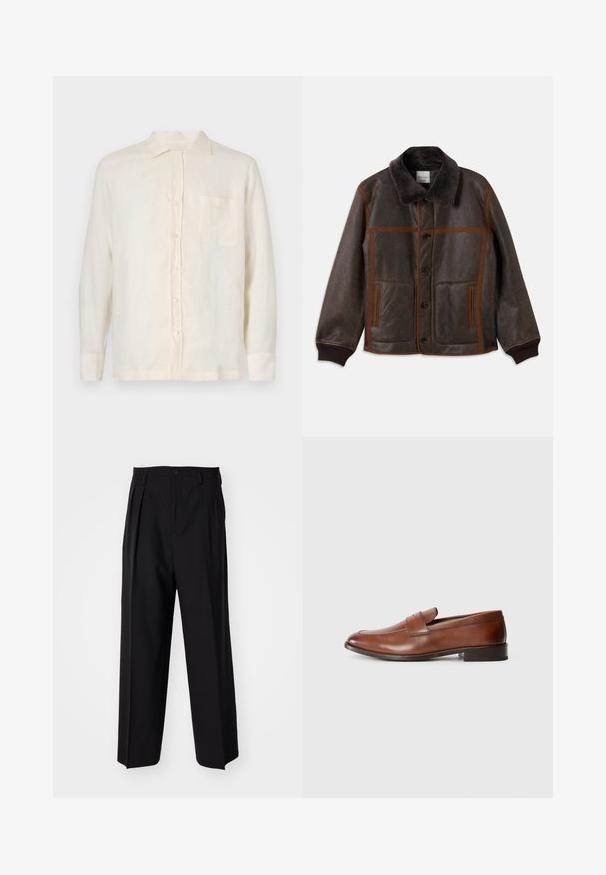Brūns ādas jaka ar mīkstu tumšu apkakli, kontrastējošām brūnām šuvēm, pogu aizdari un divām priekšējām kabatām. Ribota piedurkņu un apakšmalas dizains.; Kremkrāsas lina krekls ar pogu aizdari, garām piedurknēm un krūšu kabatu. Tam ir klasiskā apkakle un viegla tekstūra.; Melnas plisētās bikses ar taisnu, plata kāja dizainu. Izgatavotas no gludas auduma, ar pogu aizdari un jostas cilpiņām.; Brūni ādas loaferi ar apaļu purngalu, minimālu stīgnojumu un zemu bloku papēdi. Iekļauts dekoratīvs siksniņš pāri augšdaļai.