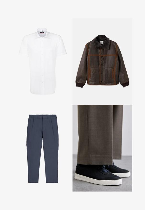 Bruine leren jas met een zachte donkere kraag, contrasterende bruine stiksel, knoopsluiting en twee voorknoopzakken. Geribde boorden en zoom.; Korte mouwen witte shirt van gladde stof, met een knopen sluiting aan de voorkant, kraag en een enkele borstzak. Geen patronen of accenten.; Marineblauwe broek met een elastische tailleband, taps toelopende broekspijpen en zijzakken. Ruwe textuur zonder zichtbare patronen of hardware.; Zwarte suède sneakers met witte rubberen zolen, voorzien van een ronde neus en veters, gedragen met grijze tailored broek.
