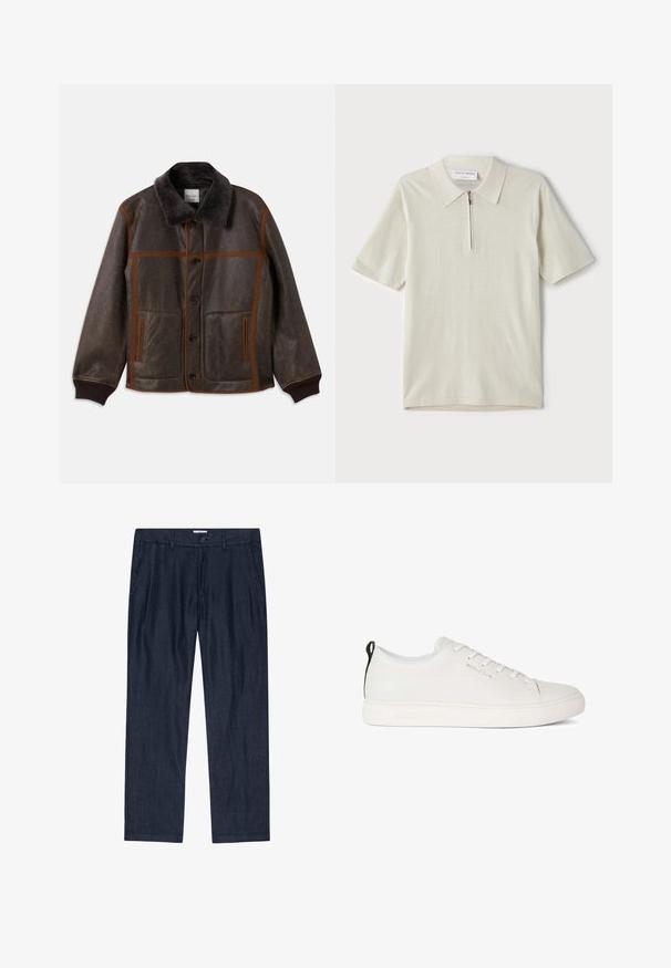 Ruskea nahkatakki pehmeällä tummalla kauluksella, kontrastoivalla ruskealla ompeleella, nappikiinnityksellä ja kahdella etutaskulla. Ribbaatut hihansuut ja helma.; Vaate lyhythihaisista polo-paitojen vaaleassa beige-värissä, jossa on vetoketjukaulus. Valmistettu sileästä kankaasta, yksinkertainen ja moderni malli ilman kuvioita.; Tummansiniset, löysät housut, jotka on valmistettu teksturoidusta kankaasta ja joissa on nappikiinnitys sekä sivutaskut; suorat lahkeet pehmeällä pinnalla.; Valkoinen nahkakengät, joissa on pyöristetty kärki, litteä kumipohja ja sävyyn sovitettu ommel. Varustettu nauhakiristyksellä edessä ja mustalla kantapään vetonauhalla.