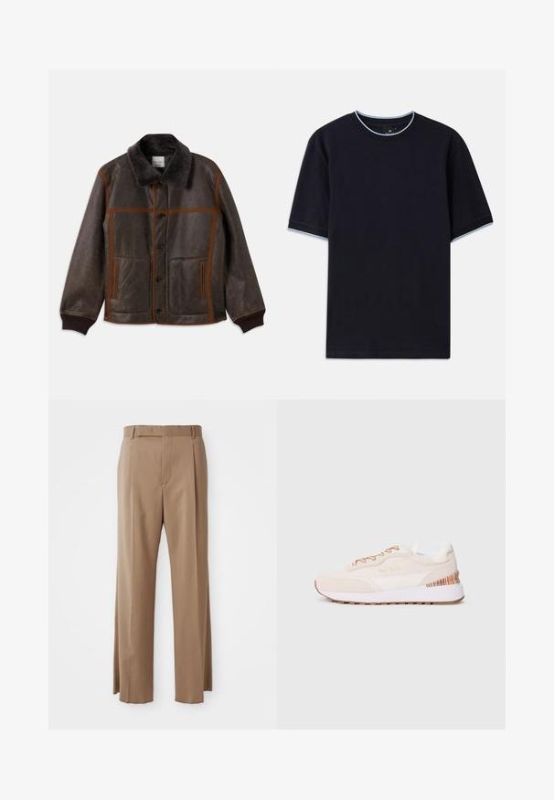 Braune Lederjacke mit weichem, dunklem Kragen, kontrastierenden braunen Nähten, Knopfverschluss und zwei Fronttaschen. Gerippte Bündchen und Saum.; Dunkelblaues kurzärmeliges T-Shirt mit Rundhalsauschnitt, das an Kragen und Ärmeln mit hellblauen Akzenten versehen ist. Hergestellt aus weichem Baumwollstoff.; Hellbraune, maßgeschneiderte Hosen mit geraden Beinen, Gürtelschlaufen, vorderem Naht und verdecktem Verschluss, flach auf weißem Hintergrund dargestellt.; Sneaker mit oberem Teil aus beigem Wildleder, weißen Akzenten, brauner Gummisohle und buntem Streifenmuster an der Ferse; mit braunen Schnürsenkeln.