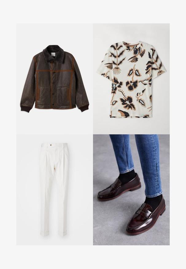 Καφέ δερμάτινο μπουφάν με μαλακό σκούρο γιακά, αντίθετη καφέ ραφή, κούμπωμα με κουμπιά και δύο μπροστινές τσέπες. Ραμμένα μανίκια και στρίφωμα.; T-shirt κοντό μανίκι κατασκευασμένο από μαλακό ύφασμα, με κρεμ φόντο και αφηρημένα λουλουδάτα σχέδια σε μαύρο, καφέ και ανοιχτό μπλε χρώμα.; Λευκά, ραμμένα παντελόνια με επίπεδο μπροστινό μέρος, δύο πτυχές και γυρισμένα μανίκια. Φτιαγμένα από έναν λείο ύφασμα με κουμπί κλεισίματος στη μέση.; Paul Smith LIDO BORDO - Έξυπνα slip-on παπούτσια - red