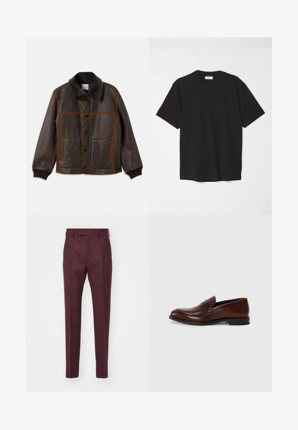 Brun läderjacka med en mjuk mörk krage, kontrasterande bruna sömmar, knappstängning och två framlommor. Ribbad mudd och nederkant.; Svart bomulls t-shirt med rund hals, korta ärmar och avslappnad passform. Enkelt mönster, jämn textur och inga synliga mönster eller logotyper.; Burgundifärgade skräddarsydda byxor med rak passform, slät textur och pressade veck. Har bältesloopar och framfickor.; Bruna läderloafers med rundad tå, framrem och en låg staplad klack. Slät textur med minimala dekorativa detaljer.