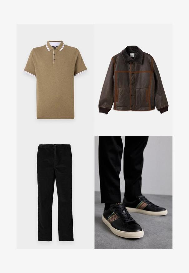 Hnedá kožená bunda s mäkkým tmavým golierom, kontrastným hnedým prešívaním, zapínaním na gombík a dvoma prednými vreckami. Rúčky a spodný lem sú s rebrovaním.; Hnedá bavlnená polo košela s bielym pruhovaným golierom, dvojgombíkovou légiou a malým logom na hrudi. Krátke rukávy, neformálny dizajn.; Čierne saténové nohavice s rovnými nohavicami, elastickým pásom a predným šnúrkovým zapínaním, vystavené na bielom pozadí.; Čierne kožené tenisky s multicolor pruhovanými akcentmi, okrúhlou špičkou a bielymi gumovými podrážkami, s šnurovacím dizajnom a embosovanou značkou.