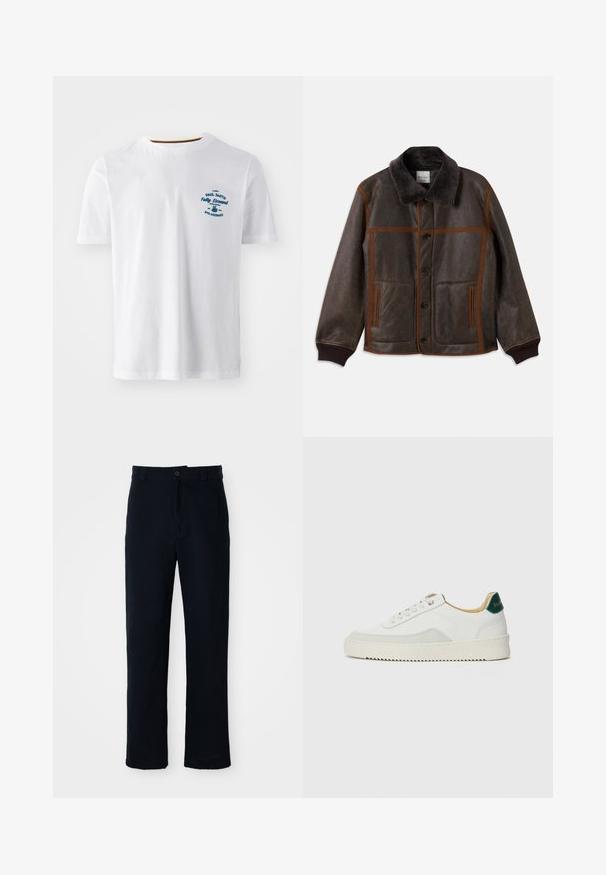 Hnědá kožená bunda se měkkým tmavým límcem, kontrastním hnědým prošíváním, zapínáním na knoflíky a dvěma předními kapsami. Hranaté manžety a spodní lem.; Bílý bavlněný tričko s krátkým rukávem, na přední straně s modrou potištěnou logem. Kolečkový výstřih s kontrastním vnitřním lemem.; Námorně modré kalhoty vyrobené ze 100 % bavlny, s rovnými nohavicemi, předním zapínáním na knoflík a klasickým pasem s poutky na pásek.; Bílé tenisky se semišovými prvky, kulatou špičkou, plochými tkaničkami a krémovou gumovou podrážkou. Na patě mají zelené logo.