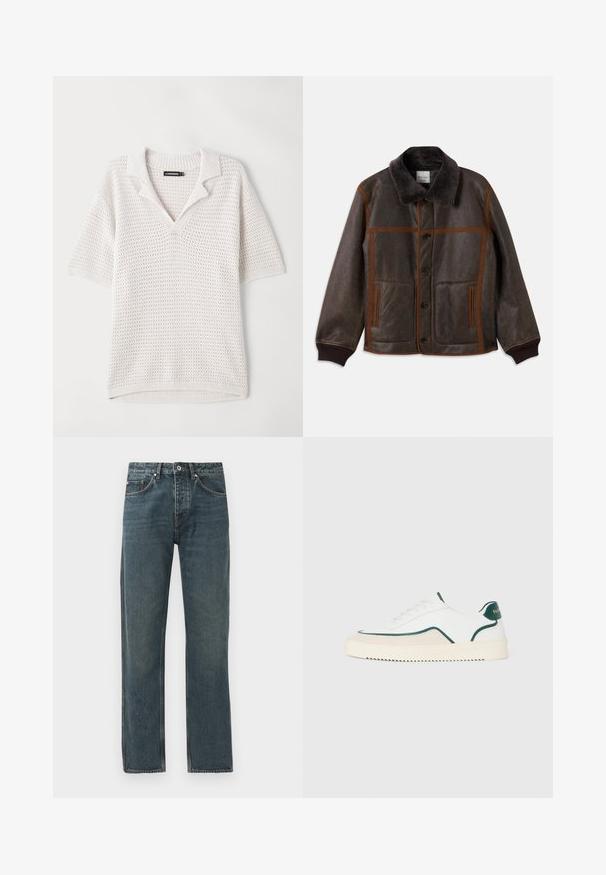 Rudas odinis švarkas su minkštu tamsiu apykakle, kontrastingos rudos siūlės, sagčių uždarymas ir dvi priekinės kišenės. Raukšlėti rankogaliai ir apačia.; Trumpas rankovės, lengvas megztas polo offffaino spalvos su tekstūruota raštu, dryžuota apykakle ir apvadu. Sukurtas kvėpuojančiam komfortui.; Tamsiai mėlyni džinsai su tiesiomis kojomis, turintys penkis kišenes, mygtuko uždarymą ir kontrastingus siuvimo akcentus.; Balti žemi baltos sportbačiai su žaliais apvadais, smėlio spalvos zomšos detalėmis ir kreminės spalvos padas su struktūriniais raštais.