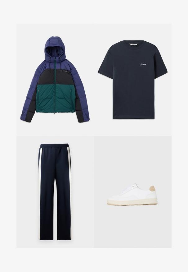 Puffjacke mit Kapuze, die Farbblockierung in Lila, Schwarz und Türkis zeigt. Verfügt über Reißverschlusstaschen und einen Reißverschluss vorne.; Marineblaue Baumwoll-T-Shirt mit kurzen Ärmeln. Mit einem weißen gestickten Markenlogo auf der linken Brust. Klassischer Rundhalsausschnitt.; Navy Sweatpants mit weitem Bein Design, ausgestattet mit vertikalen cremefarbenen Streifen an den Seiten. Hergestellt aus weichem, strukturiertem Stoff mit einem elastischen Bund.; Weiße Low-Top-Sneaker mit einem strukturierten Lederobermaterial, cremefarbener, geriffelter Sohle und einem braunen Akzent an der Ferse. Mit weißen Schnürsenkeln und Logodetail an der Ferse.