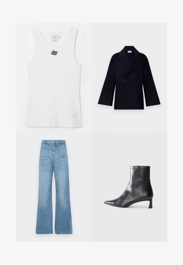 Sötétkék, dupla soros kabát széles hajtókákkal és túlméretezett ujjakkal, textúrált anyagból készült. Két fekete gomb és minimalista dizájn jellemzi.; Fehér bordázott ujjatlan póló, pamutból készült, kerek nyakkivágással és fekete hímzett logóval a bal felső részen. Egyszerű dizájn, ujjatlan.; Világoskék farmernadrág, széles lábakkal, két elülső és két hátsó zsebbel, nyers szegéllyel és gombos záródással.; Fekete bőr bokacsizma hegyes orral és letisztult dizájnnal. Alacsony sarka és hátsó cipzáras záródása van. Simának tűnő textúra.