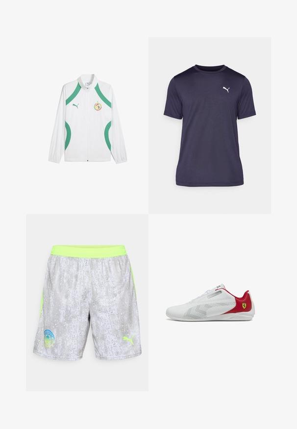 Valkoinen urheilutakki vihreillä yksityiskohdilla ja nauhoilla, jossa on vetoketjusuljenta, korkea kaulus ja logopatch rintapuolella.; T-paita tummansinisestä sileästä kankaasta, jossa on pyöreä kaula-aukko ja lyhyet hihat. Vasen rinta on koristeltu valkoisella Puma-logolla.; Vaaleanharmaat urheilushortsit, joissa on neonvihreä vyötärö ja sivusuunnassa raidat. Edessä on Manchester City -logo ja Puma-logo.; Valkoiset urheilukengät, joissa on sileä pinta, punaiset yksityiskohdat, rei'itetty viimeistely ja hopeinen yksityiskohta nauhojen lähellä; sisältää Ferrari-logon kantapäässä.