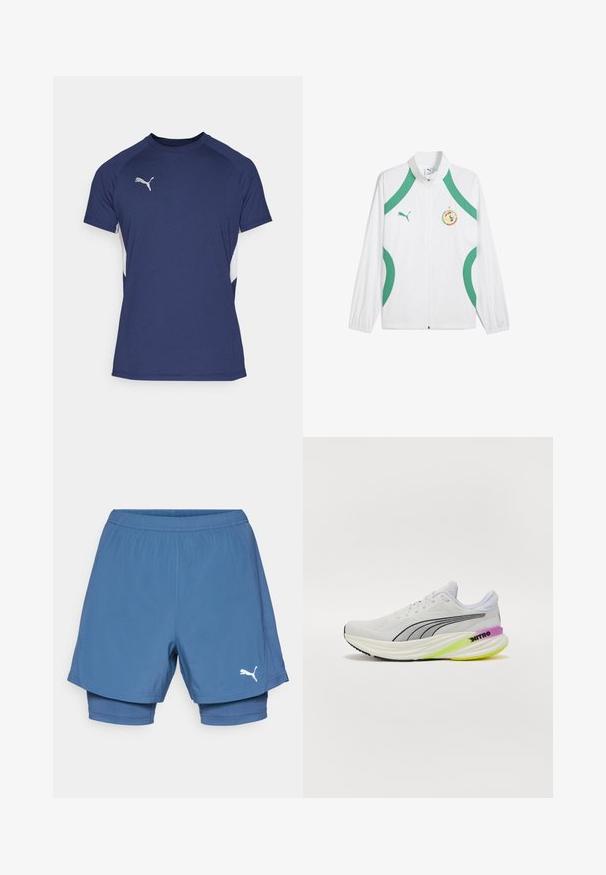 Chaqueta deportiva blanca con acentos y cordones verdes, con cremallera frontal, cuello alto y un parche de logo en el pecho.; Camiseta deportiva de color azul marino con mangas cortas. Presenta paneles laterales blancos y un logo plateado de Puma en el pecho. Está hecha de una tela suave.; Pantalones cortos deportivos azul Puma con un diseño en capas, que presentan una cintura elástica, textura suave y un logo blanco en la parte inferior de la pierna.; Zapatilla deportiva blanca con parte superior de malla transpirable, detalles en negro y una suela multicolor con detalles en morado y verde.