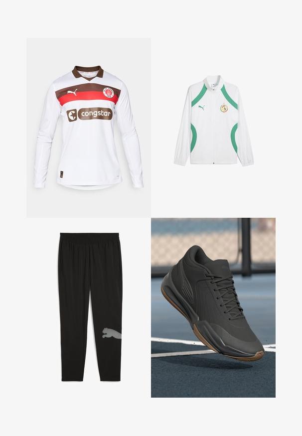 Veste de sport blanche avec des accents verts et des lacets, dotée d'une fermeture éclair sur le devant, d'un col haut et d'un badge logo sur la poitrine.; Maillot de football à manches longues blanc avec un col marron, présentant des rayures horizontales rouges et marron, un logo Puma et un logo de sponsor "congstar".; Pantalons de sport noirs en tissu léger. Comprennent une taille élastique, des poches latérales et un design réfléchissant d'un puma sur la jambe inférieure.; Chaussure de sport noire avec une tige en synthétique lisse, des accents texturés, et une semelle en caoutchouc naturel, conçue pour la performance et le confort.