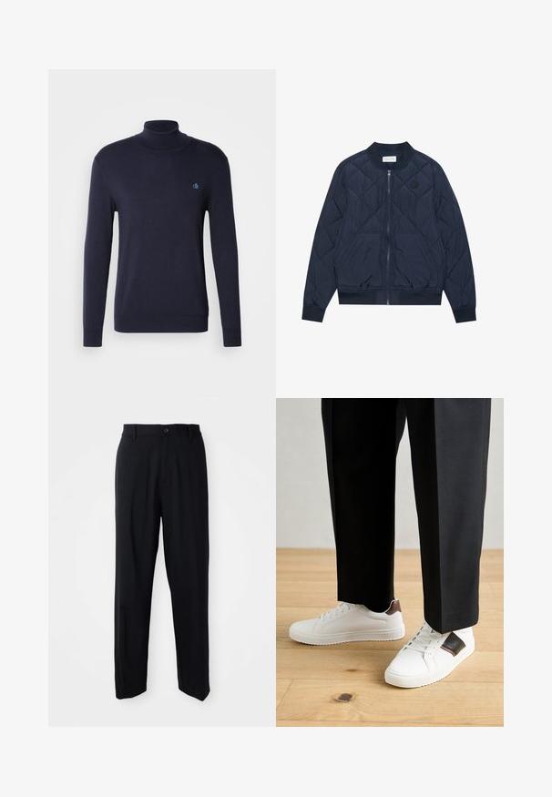 Marineblaues wattiertes Bomberjacke mit einem Reißverschluss an der Vorderseite, gerippten Bündchen, Seitentaschen und einem runden Logo-Patch auf der Brust. Hergestellt aus leichtem Material.; Scotch & Soda TURTLENECK SWEATER - Strickpullover - night; Schwarze gerade geschnittene Hosen mit Gürtelschlaufen, Knopfschluss und einem eleganten, minimalistischen Design auf einem neutralen Hintergrund.; Weiße Sneakers mit glatter Textur, versehen mit braunen Lederakzenten und schwarzen Details, kombiniert mit schwarzen maßgeschneiderten Hosen. Hintergrund aus Holzboden.