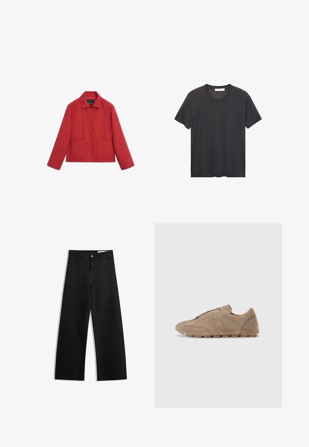 Röd jacka i lättviktstyg, med krage, knäppning framtill och två fyrkantiga påfåddsfickor framtill.; Svart t-shirt med rund halsringning tillverkad av mjuk bomull. Korta ärmar, avslappnad passform och rak fåll utan utsmyckningar eller mönster.; Svarta vida denimbyxor med hög midja, med fram- och bakfickor, sydda sömmar och knappstängning. Slät textur.; Beige mockaskor med låg profil, med stickade linjer och en strukturerad yta, kompletterade med gummibaserade sulor för bra grepp.