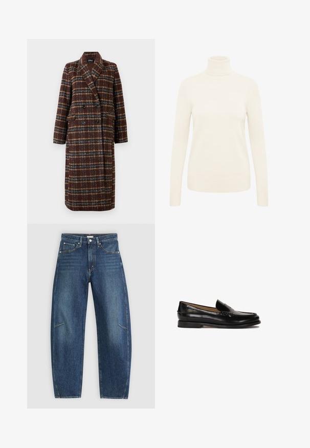 Długi brązowy płaszcz w kratę z podwójnym zapięciem, z klapami, czarnymi guzikami i kieszeniami z klapami, wyeksponowany na białym tle.; Kremowy sweter z golfem wykonany z miękkiej dzianiny. Posiada długie rękawy oraz ściągacze na mankietach i u dołu.; Ciemnoniebieskie dżinsy o prostym kroju, z przednimi kieszeniami, kontrastowym szwem i delikatnie wyblakłą strukturą na nogawkach.; Czarne skórzane mokasyny z okrągłym noskiem, łatwe do zakładania, z subtelnymi przeszyciami wzdłuż cholewki. Płaska gumowa podeszwa.
