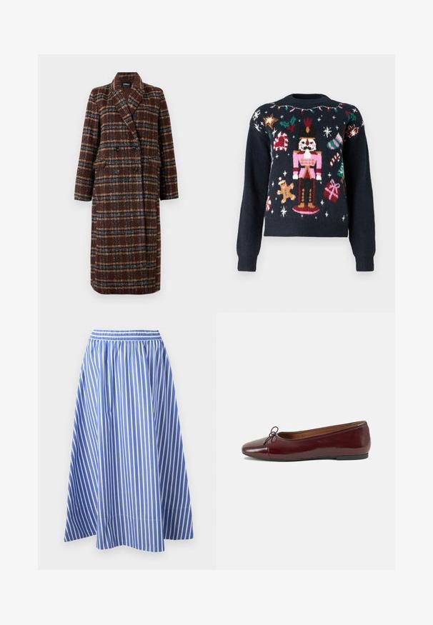 Casaco xadrez castanho de dupla face, com colarinho de lapela, botões pretos e bolsos de aba, exibido sobre um fundo branco.; Pulôver azul marinho com designs de malha festivos, incluindo um soldadinho de chumbo, um homem de gengibre, canes de açúcar e presentes com acentos multicoloridos.; Saia listrada azul e branca, com um cós elástico e um silhueta em A fluida, confeccionada em tecido leve.; Bailarinas em couro sintético borgonha com bico redondo, pequeno laço na frente e sola baixa em borracha preta. Textura suave.