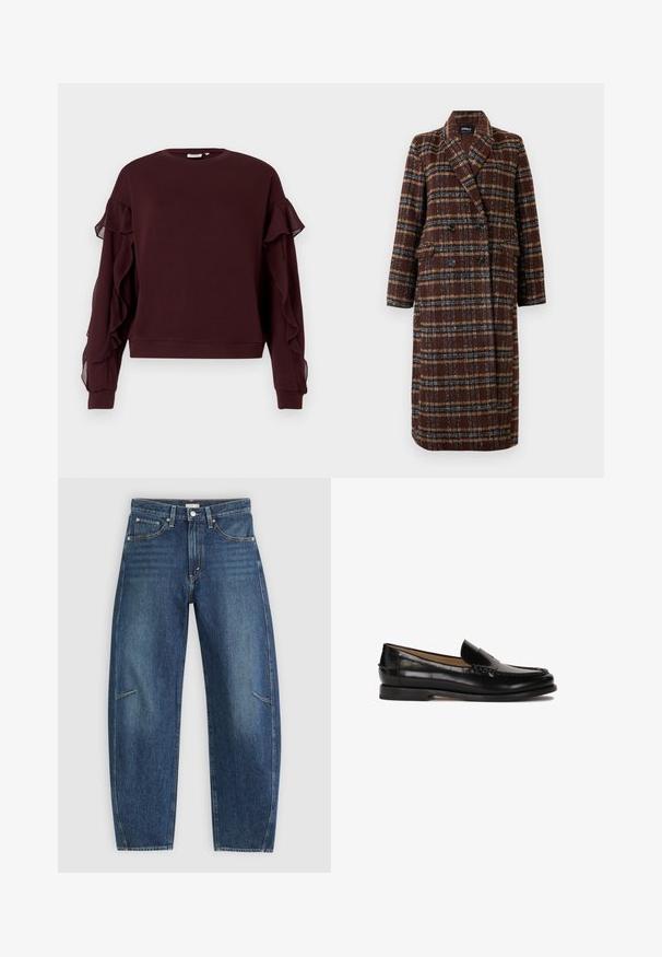 Lange dubbelhuls bruine geruite jas met revers, zwarte knopen en klepzakken, tentoongesteld tegen een witte achtergrond.; Donker bordeaux lange mouwen sweatshirt met doorzichtige ruches langs de mouwen en geribbelde manchetten en onderkant.; Donkerblauwe denim jeans met een recht afgesneden ontwerp, voorzien van voorzakken, contrasterende stiksels en een subtiele vervaagde textuur op de broekspijpen.; Zwarte leren loafer met een ronde neus, instapontwerp en subtiele stiksels langs de bovenkant. Platte rubberen zool.