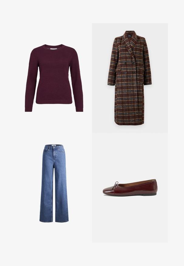 Μακρύ καφέ καμπαρντίνα με καρό σχέδιο, διπλό κλείσιμο, γιακά, μαύρα κουμπιά και τσέπες με καπάκι, εκτεθειμένο σε λευκό φόντο.; Μπορντό πουλόβερ με υφή σε μορφή κυψέλης, στρογγυλή λαιμόκοψη, μακριά μανίκια και ριμπ τελειώματα στα μανίκια και στο στρίφωμα.; Ανοιχτό μπλε τζιν παντελόνι με φαρδιά πόδια και ψηλή μέση, δύο μπροστινές τσέπες και ορατές ραφές. Διαθέτει κλείσιμο με κουμπί και φερμουάρ.; Μπορντό παρθένα δερμάτινα μπαλαρίνες με στρογγυλή μύτη, μικρή διακόσμηση φιόγκου στο μπροστινό μέρος και χαμηλή, μαύρη καουτσούκ σόλα. Λείος υφής.
