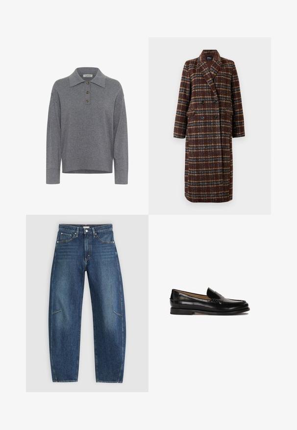 Dlouhý hnědý kostkovaný kabát na dvouřadé zapínání s klopovým límcem, černými knoflíky a kapsami s klopou, vystavený na bílém pozadí.; Šedý pletený svetr s dlouhým rukávem a límcem, se třemi hnědými knoflíky na přední léze, označený jako "soaked".; Tmavě modré džíny s rovnými nohavicemi, vybavené předními kapsami, kontrastním šitím a jemně vybledlou texturou na nohavicích.; Černé kožené mokasíny s kulatou špičkou, jednoduchým designem na obouvání a diskrétními prošívanými detaily na svršku. Plochá gumová podrážka.