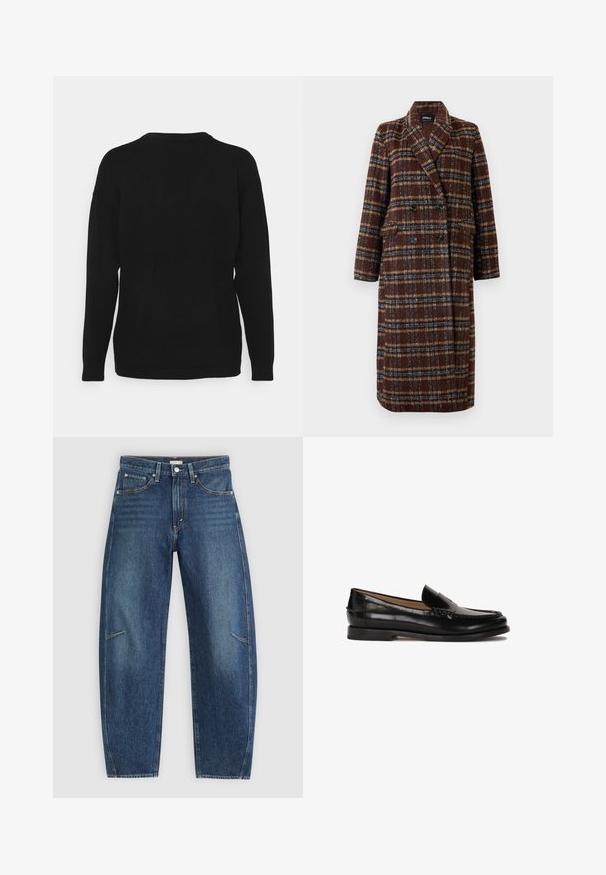 Langer brauner Karo-Doppelreiher-Mantel mit Reverskragen, schwarzen Knöpfen und Klappentaschen, vor einem weißen Hintergrund präsentiert.; Schwarzer Pullover aus weichem Stoff mit langen Ärmeln, rundem Ausschnitt und entspannter Passform. Die Rückseite verfügt über ein glattes, einfarbiges Design.; Dunkelblaue Jeans aus Denim mit geradem Bein, ausgestattet mit Vorderaschen, Kontrastnähten und einer dezenten, ausgewaschenen Textur an den Beinen.; Schwarzer Lederloafer mit runder Zehenpartie, schlupfendem Design und dezenten Nahtdetails entlang des Oberteils. Flache Gummisohle.