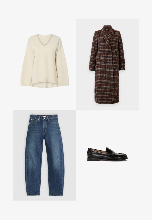 Hosszú, dupla soros barna kockás kabát, kapucnis gallérral, fekete gombokkal és hajtókás zsebekkel, fehér háttér előtt bemutatva.; V nyakú krémszínű pulóver hosszú ujjakkal, bordázott mandzsettákkal és laza szabással. Simább textúra és oldalsó hasítékok az alsó részen a kényelmes siluettért.; Sötétkék farmernadrág egyenes lábbal, elülső zsebekkel, kontrasztöltéssel és enyhén kopott textúrával a lábakon.; Fekete bőr mokaszin lekerekített orral, slip-on kialakítással és finom varrás részletekkel a felsőrészen. Lapos gumitalp.