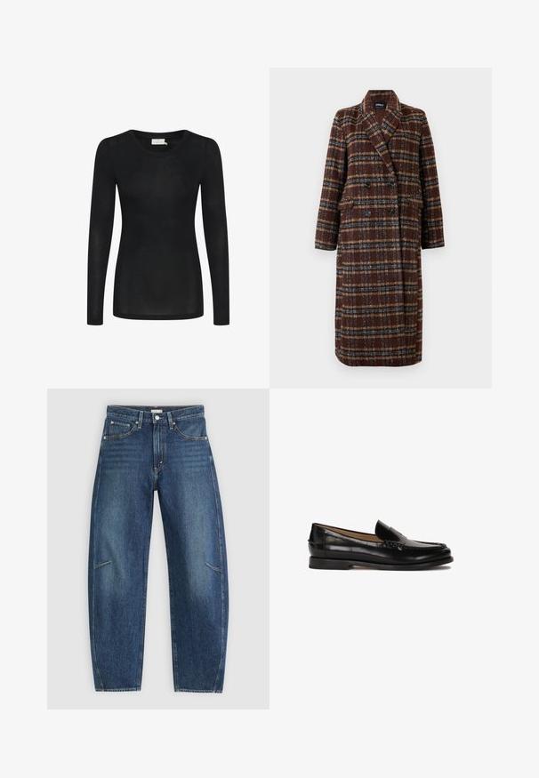 Gara divrindas brūna raibā mētelis ar atloku apkakli, melniem pogām un kabatām ar vāciņu, izstādīta pret baltu fona.; Melna garo piedurkņu krekls, kas izgatavots no viegla, caurspīdīga materiāla. Tam ir apaļa kakla izgriezums un pieguļošs siluets ar taisnu apakšmalu.; Tumši zili džinsi ar taisna kāju dizainu, ar priekšējiem kabatām, kontrastējošu šuvju un nemanāmu izbalējušu struktūru uz kājām.; Melnas ādas loferes ar noapaļotu purngalu, viegli uzvelkamas un ar diskrētām dūrieniem augšdaļā. Vienkārša gumijas zole.