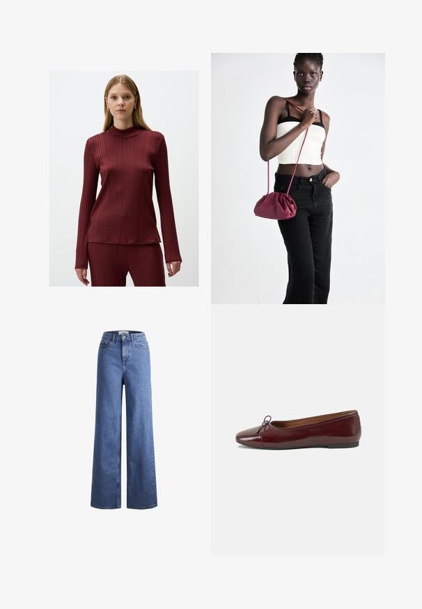 Langer brauner Karo-Doppelreiher-Mantel mit Reverskragen, schwarzen Knöpfen und Klappentaschen, vor einem weißen Hintergrund präsentiert.; Bordeauxfarbenes, geripptes Langarmoberteil mit hochgeschlossenem Kragen und Knopfdetails an der Schulter. Hergestellt aus einem glatten, dehnbaren Material mit figurbetontem Schnitt.; Helleblaue Denim-Weite-Leg-Jeans mit hoher Taille, zwei vorderen Taschen und sichtbarer Naht. Mit Knopf- und Reißverschluss.; Burgunderfarbenes, lackiertes Ballettschuh mit abgerundetem Zehenbereich, kleiner Schleifenakzent vorne und einer niedrigen, schwarzen Gummisohle. Glatte Textur.; Burgunderfarbene Handtasche aus weichem Stoff mit gerafftem Design und langem Trageriemen, quer über den Körper getragen. Das Modell trägt ein weißes Crop-Top und schwarze Jeans.
