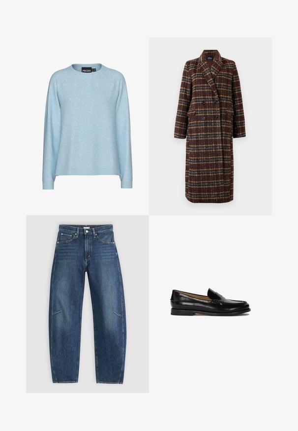 Pikk topeltkinnitatud pruuni ruudulise mustriga mantel, millel on krae, mustad nupud ja klapptaskud, esitatud valge tausta ees.; Heleheline sinine sviiter ümmarguse kaelusega, pikad raglansleeved ja ribitud varrukateotega. Valmistatud pehmest materjalist, millel on peen tekstuur.; Tumedat sinised teksad sirge jala disainiga, millel on esikotid, kontrastõmblused ja jalgadel peenelt pleekinud tekstuur.; Must siin mustad nahast loaferid ümarate varvastega, libisemisega mudel ja peened õmblused peal. Lame kummist tall.