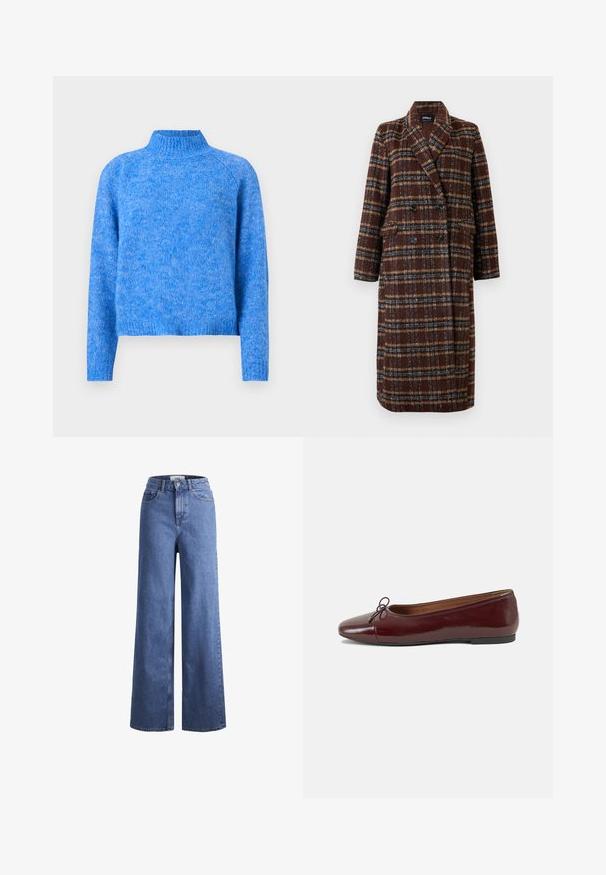 Gara divrindas brūna raibā mētelis ar atloku apkakli, melniem pogām un kabatām ar vāciņu, izstādīta pret baltu fona.; Gaiši zils adīts golfa džemperis ar nedaudz īsu piegriezumu, raglāna piedurknēm un maigu, teksturētu apdari. Audumam ir heathered izskats.; Gai zili džinsi ar platu kāju un augstu jostu, divas priekšējās kabatas un redzamu šuvju. Iekļauj pogas un rāvējslēdzēja aizdari.; Burgundijas laku ādas baleta kurpes ar noapaļotu purngalu, nelielu loku akcentu priekšā un zemu melnu gumijas zoli. Gluda tekstūra.