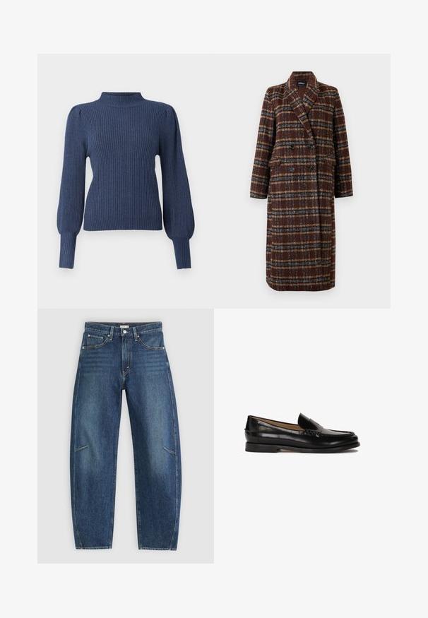 Lång dubbelknäppt brun rutig kappa med slagkrage, svarta knappar och ficklock, uppställd mot en vit bakgrund.; Mörkblå ribbad tröja med hög krage, långa puffärmar och en figursydd kropp. Tillverkad av ett mjukt, texturerat tyg.; Mörkblå denimjeans med rak ben-design, som har framfickor, kontrasterande sömmar och en subtil blekt textur på benen.; Svart läderloafer med rundad tå, slip-on-design och subtila sömnadsdetaljer längs ovandelen. Platt gummisula.