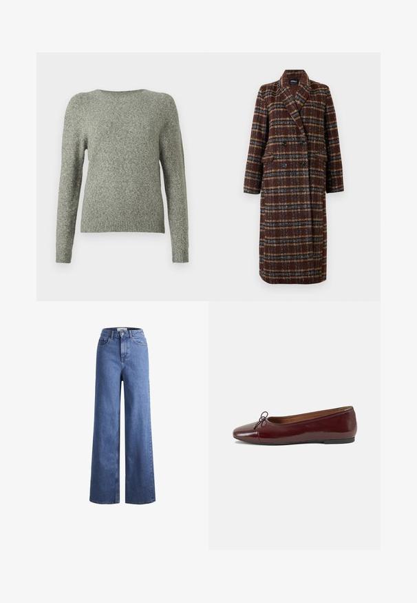 Ilgas dvigubas rudas langeliais paltas su apykakle, juodais mygtukais ir kišenėmis su atvartais, eksponuojamas ant balto fono.; Ilgųjų rankovių apvalaus kaklo megztinis iš minkštos pilkos megztos medžiagos, su raukiniais ant rankovių ir apatinio krašto, rodomas prieš paprastą baltą foną.; Šviesiai mėlynos džinsinės kelnės plačiu sijonu ir aukštu liemeniu, su dviem priekinių kišenių ir matomu siuvimu. Su mygtuko ir užtrauktuko uždarymu.; Bordo lakiotos odos baleto bateliai su apvalia nosimi, maža kaspinėlio akcentu priekyje ir žema juoda guma padanga. Lygi tekstūra.