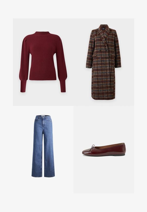 Pikk topeltkinnitatud pruuni ruudulise mustriga mantel, millel on krae, mustad nupud ja klapptaskud, esitatud valge tausta ees.; Burgundia ribiga kootud sviiter kõrge kaelusega, pikkade puhvidega varrukatega ja toestatud mansettidega. Omab pehmet tekstuuri ja struktureeritud disaini.; Heled sinise denimist laiad jalad, kõrgema talje ja kahe eesmise taskuga, nähtavate õmblustega. Omab nuppu ja luku sulgemist.; Burgundi patendnahk kingad balletitüüpi, ümmarguse ninaosa, ees väike paelaaktsent ja madal must kummist tald. Sile tekstuur.